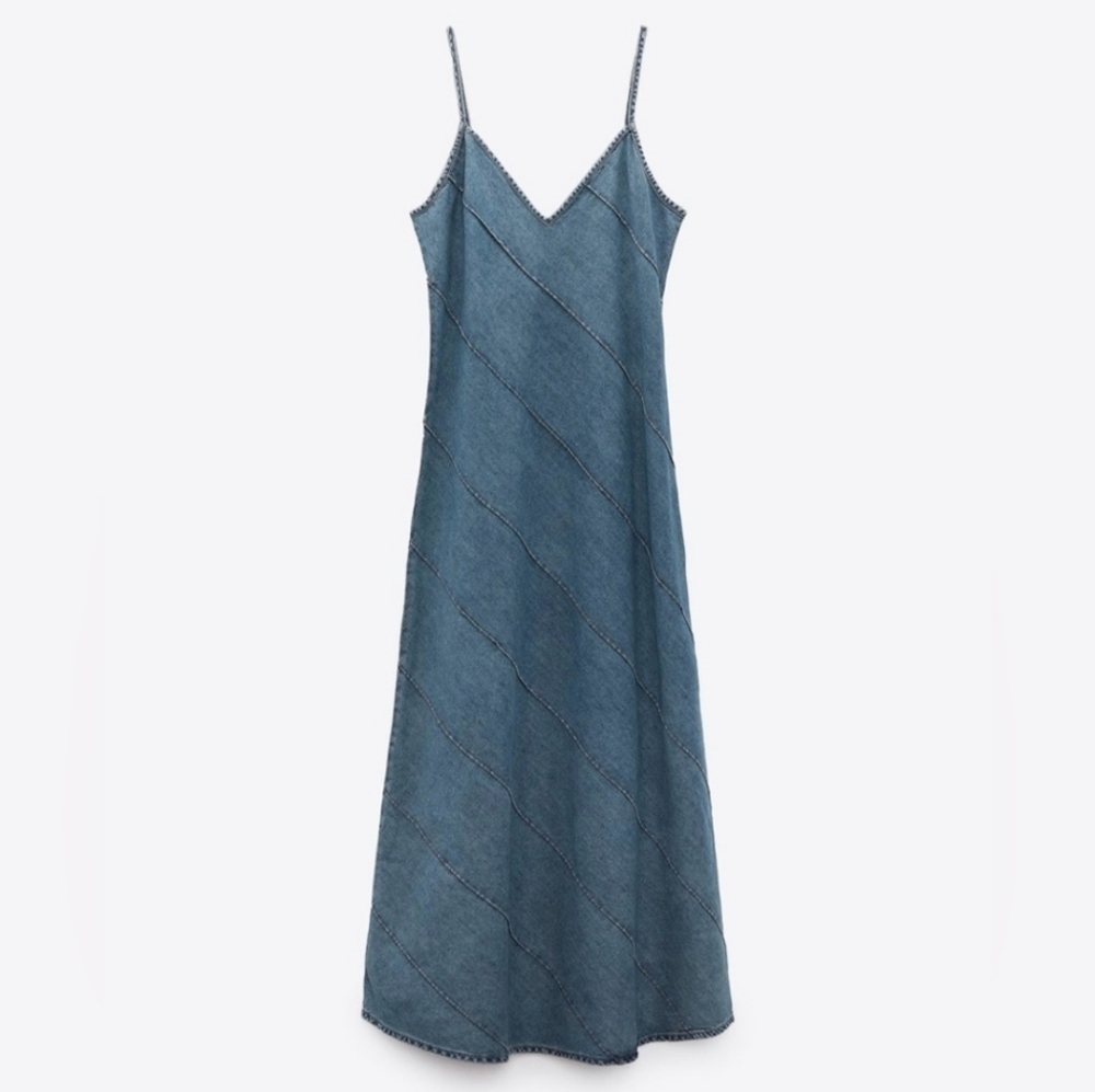 Zara V-neck Blue Denim Midi Dress Spaghetti Straps Size M